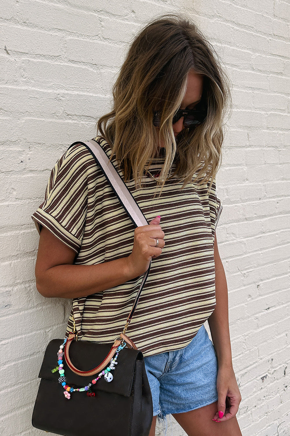 Textured Side Slits Crew Neck T Shirt