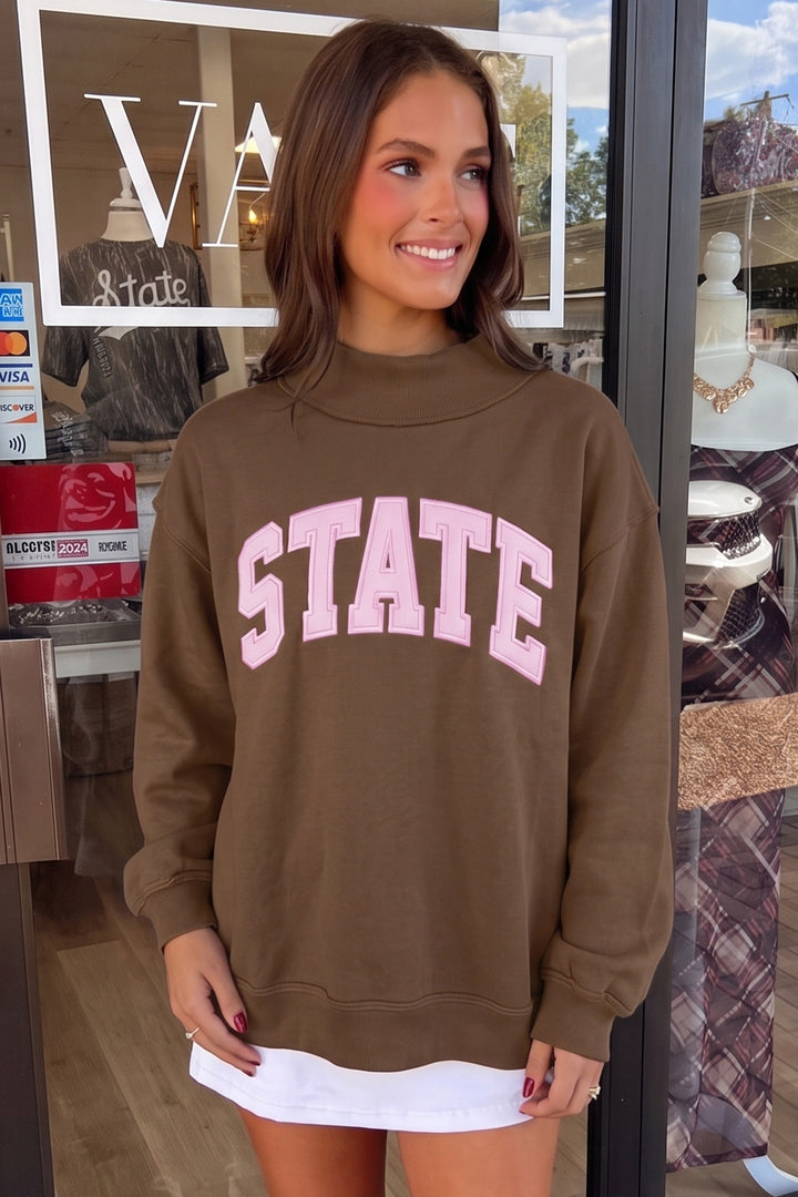 Coffee Exposed Seam Mock Neck STATE Letter Graphic Loose Sweatshirt