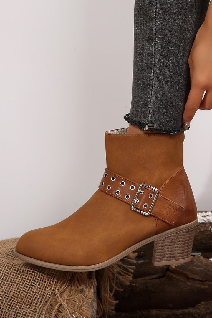 Eyelet Buckled Chunky Heel Faux Leather Ankle Boots