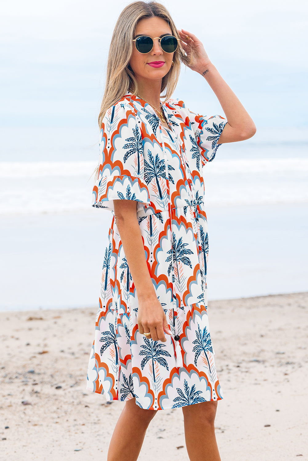 contrast palm tree printed short sleeve flowy dress
