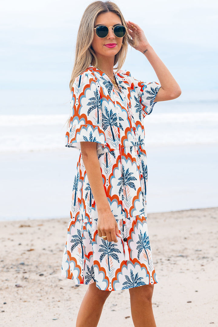 contrast palm tree printed short sleeve flowy dress