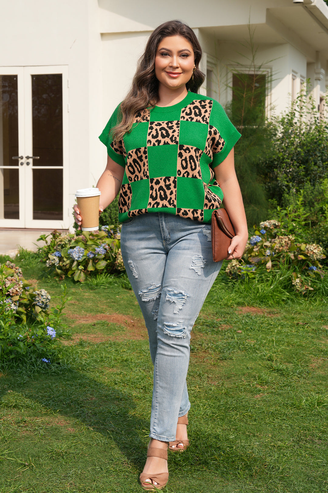 Green Plus Size Leopard Contrasted Checkered Short Sleeve Sweater