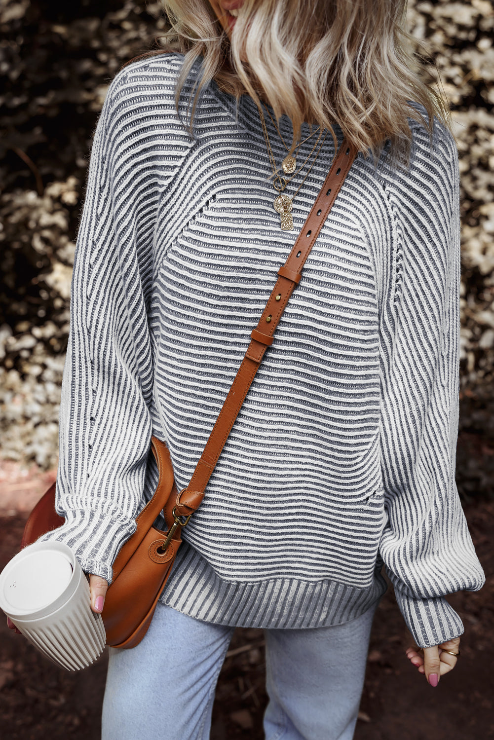 Striped Print Ribbed Knit Boat Neck Baggy Sweater
