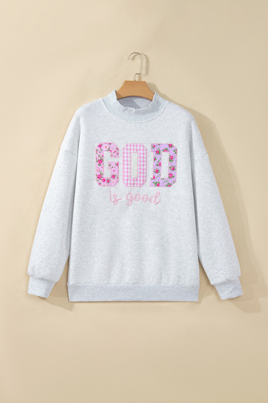 Light Grey GOD IS GOOD Appliqué Embroidery Mock Neck Pullover Sweatshirt