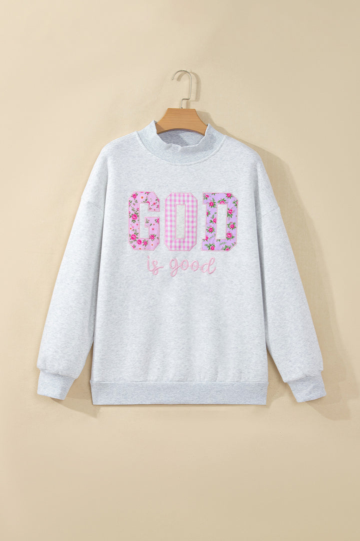 Light Grey GOD IS GOOD Appliqué Embroidery Mock Neck Pullover Sweatshirt