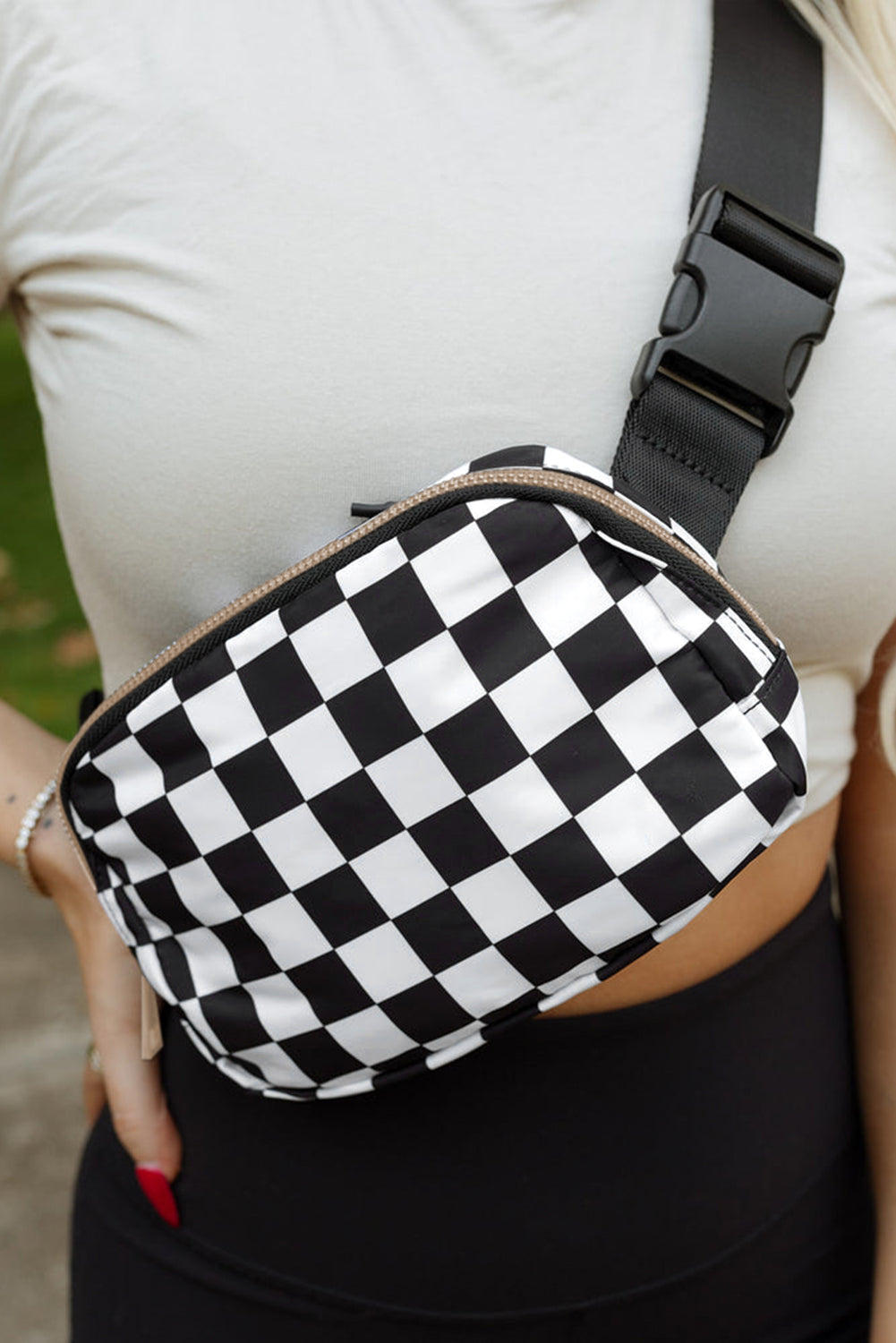 Checkered Print Buckle Wide Belt Crossbody Bag