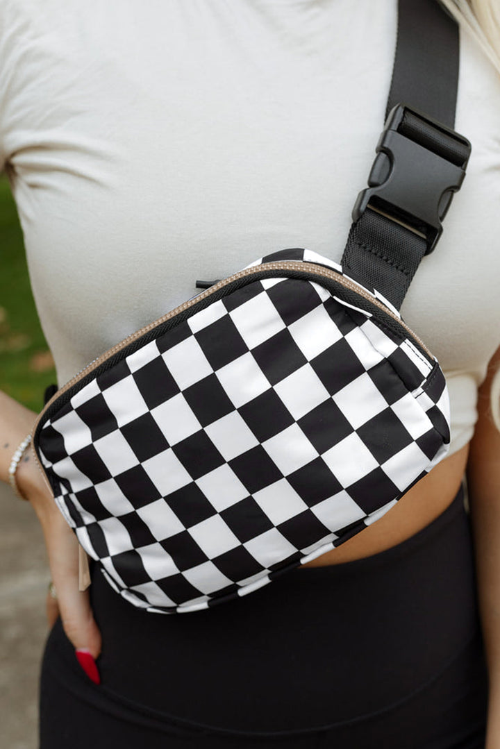 Checkered Print Buckle Wide Belt Crossbody Bag
