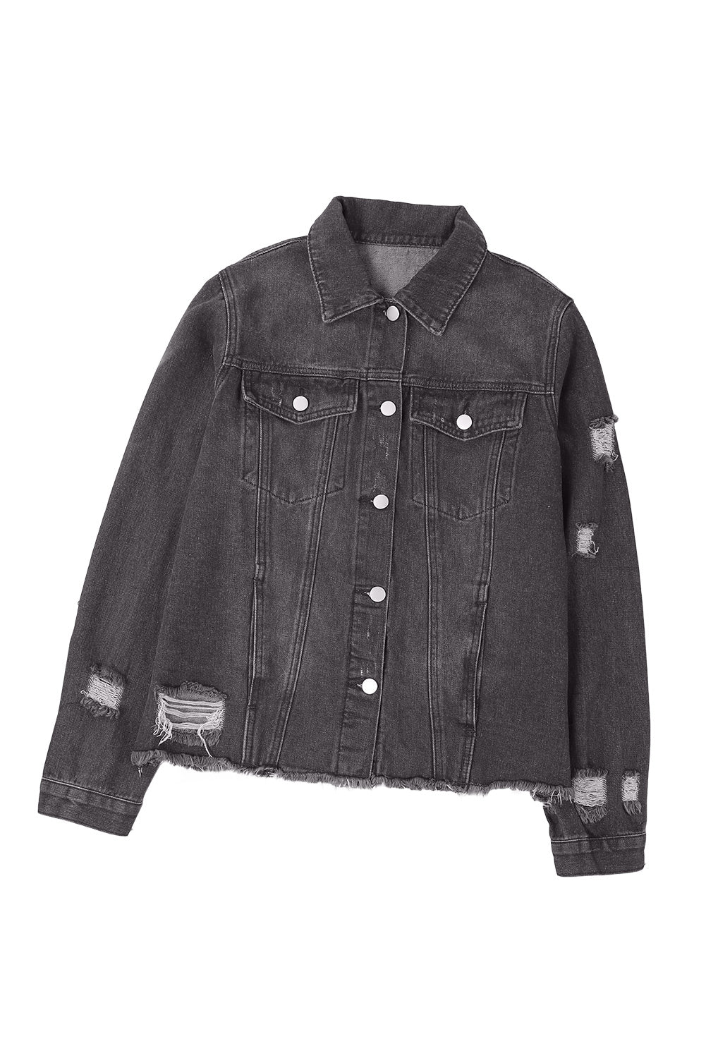 Lapel Distressed Raw Hem Buttons Denim Jacket