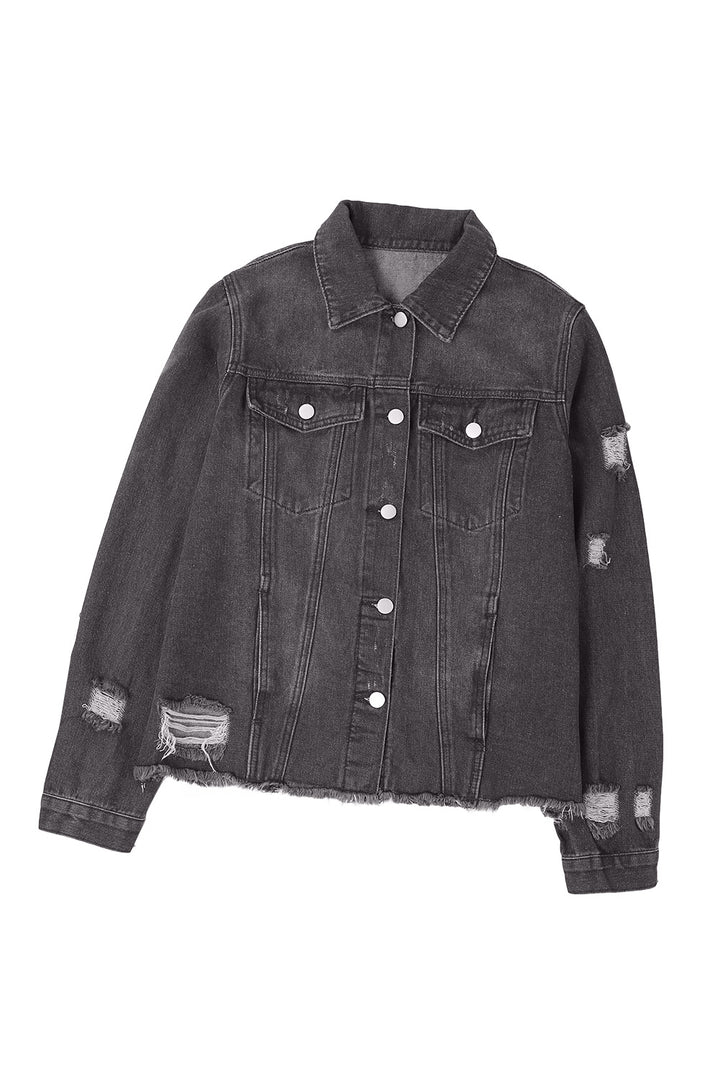 Lapel Distressed Raw Hem Buttons Denim Jacket