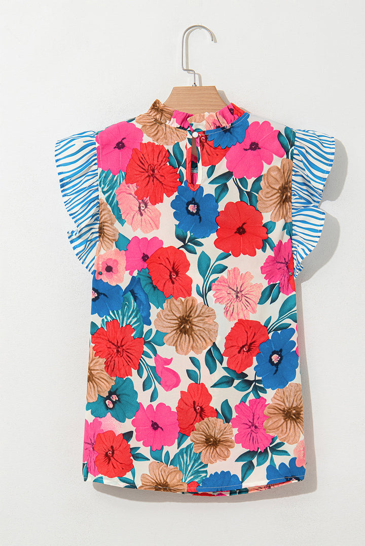 floral mock neck striped flutter sleeve blouse