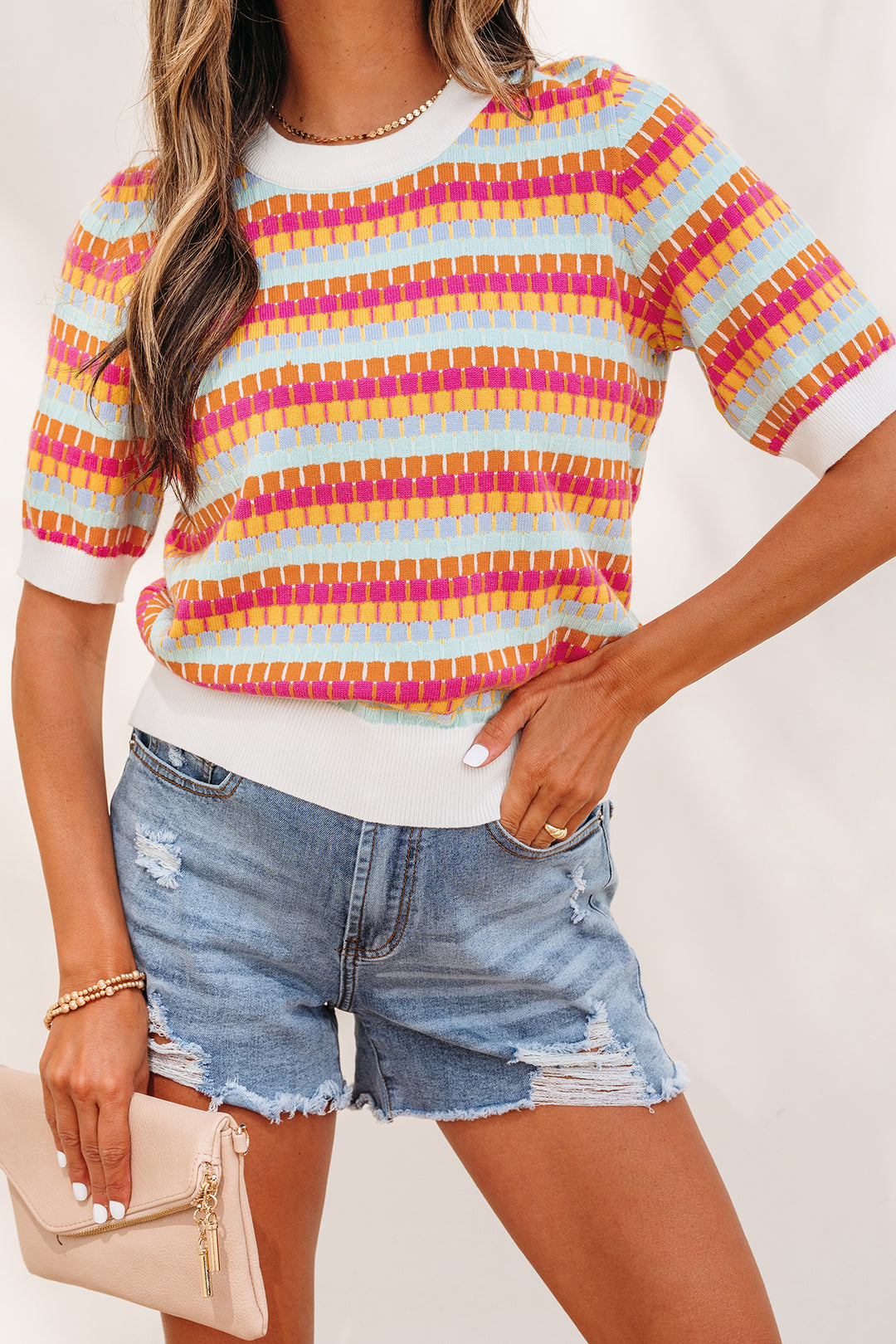 Orange Abstract Striped Knit Short Sleeve Sweater
