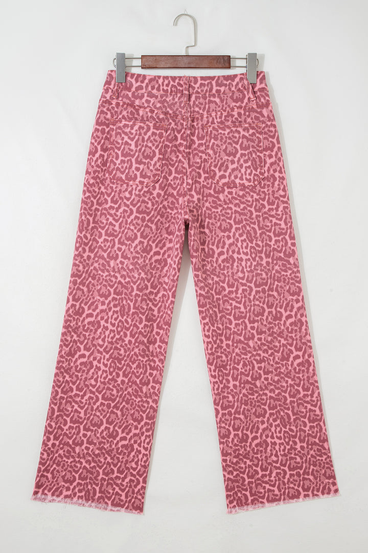 Rose Leopard Frayed Edge Wide Leg High Waist Jeans