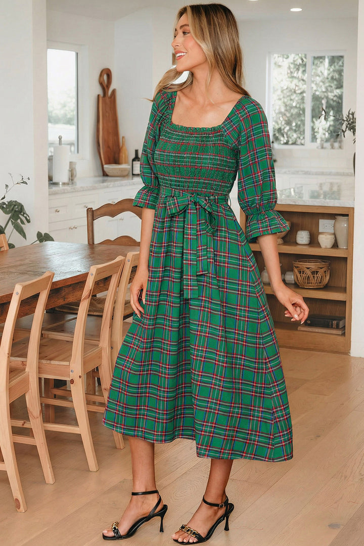 Green Tartan Plaid Square Neck Knot Waist Flared Midi Dress