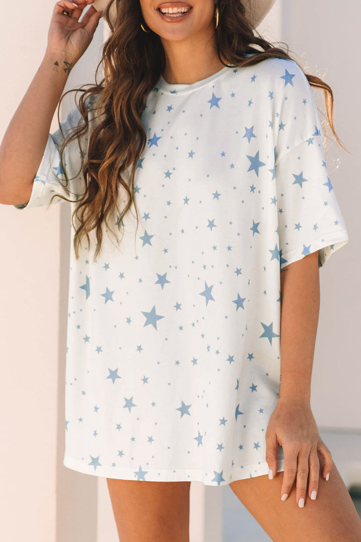 Stars Print Drop Shoulder Oversized T Shirt with Slits