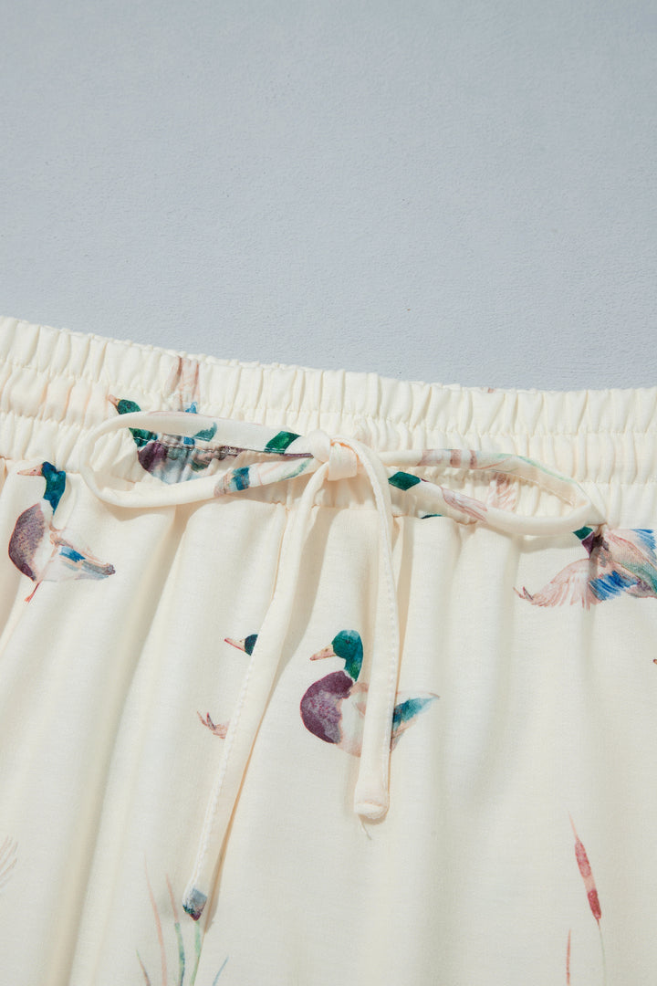 Beige Free Mallard Print Long Sleeve Top Drawstring Short Set