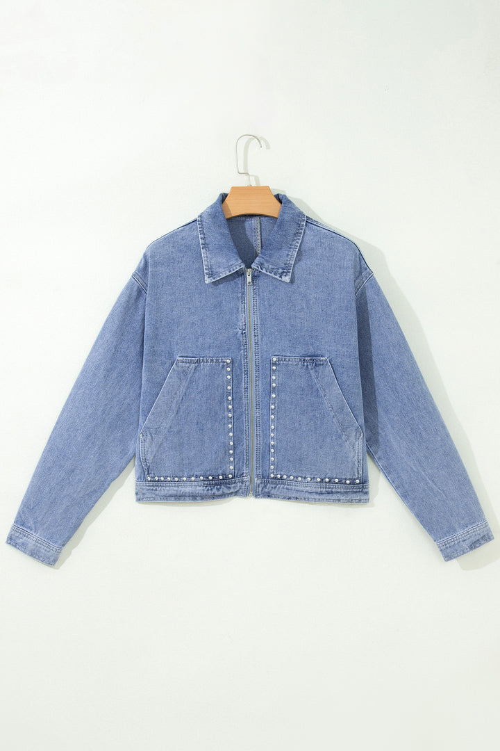 Beau Blue Studded Metal Zipper Rivet Pockets Denim Jacket