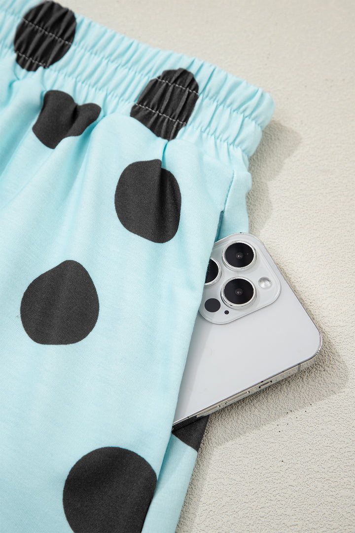 Sky Blue Polka Dot Short Sleeve Top Casual Skort 2pcs Outfit