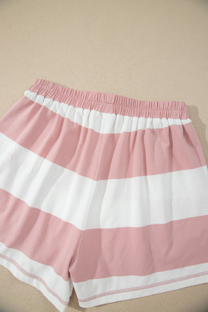 Pink Stripe Half Zip Bracelet Sleeve Top Casual Short Set