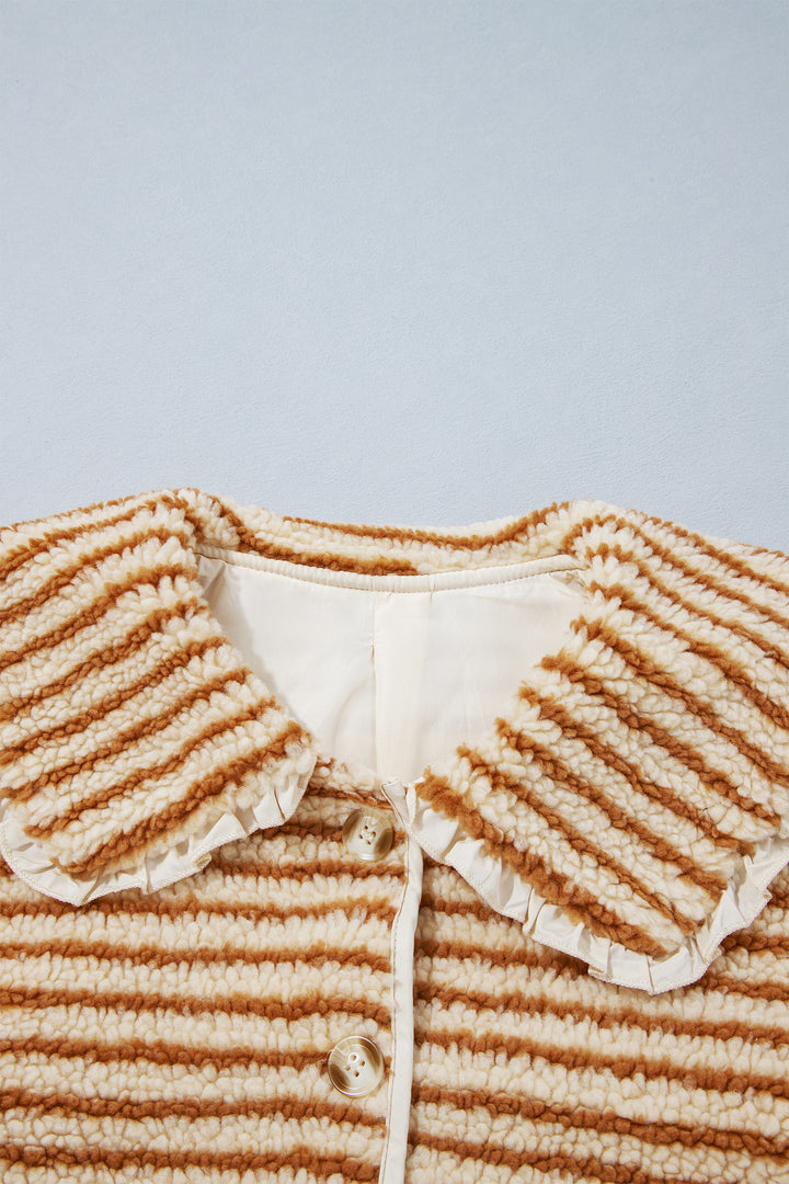 Brown Stripe Striped Fleece Button Front Long Sleeve Regular Fit Jacket