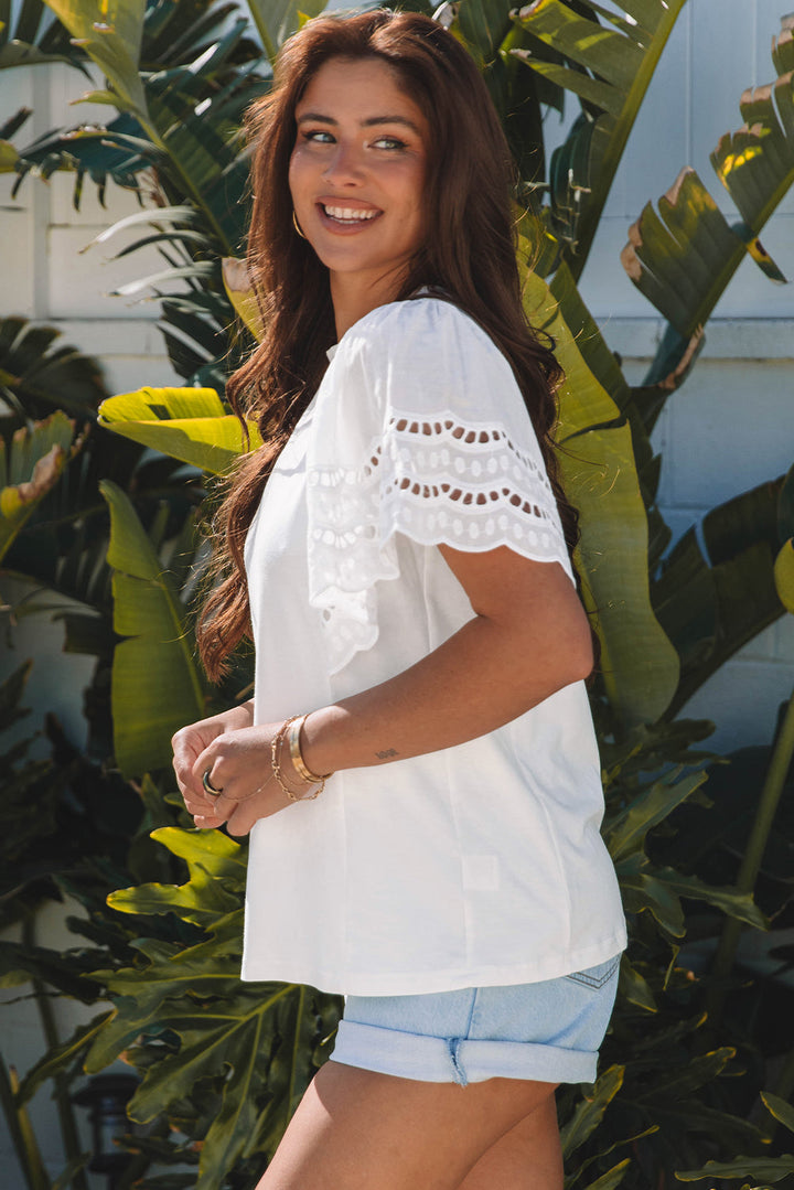 Hollow Out Embroidered Short Sleeve O Neck Top