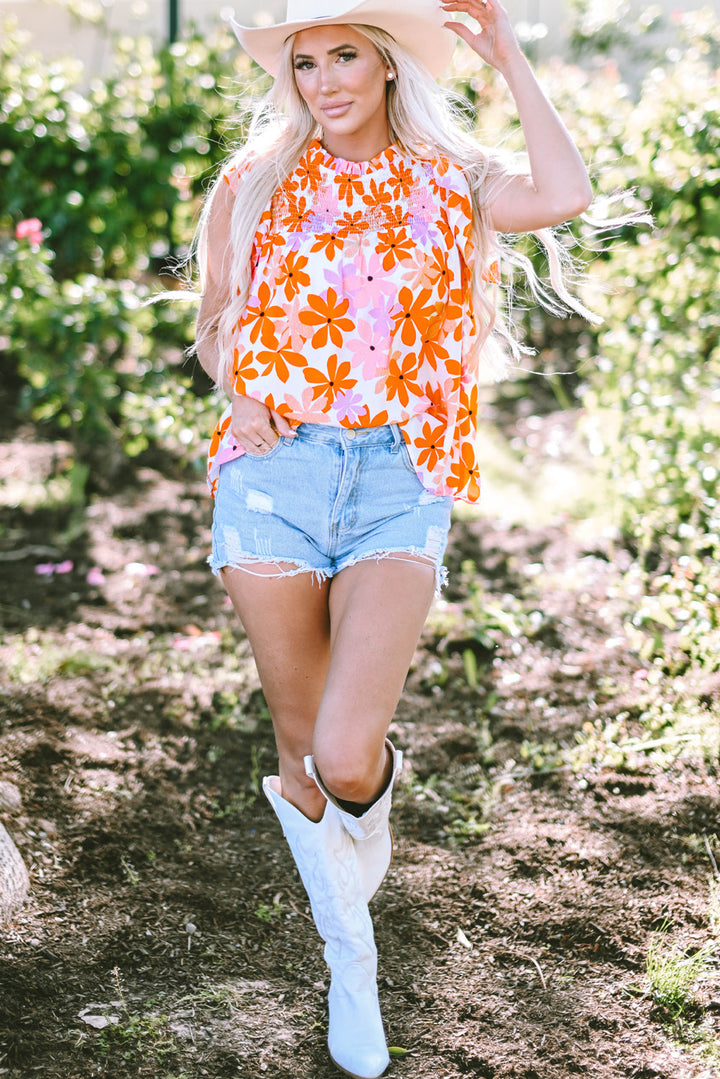 Ruffled Sleeve Smocked Floral Top