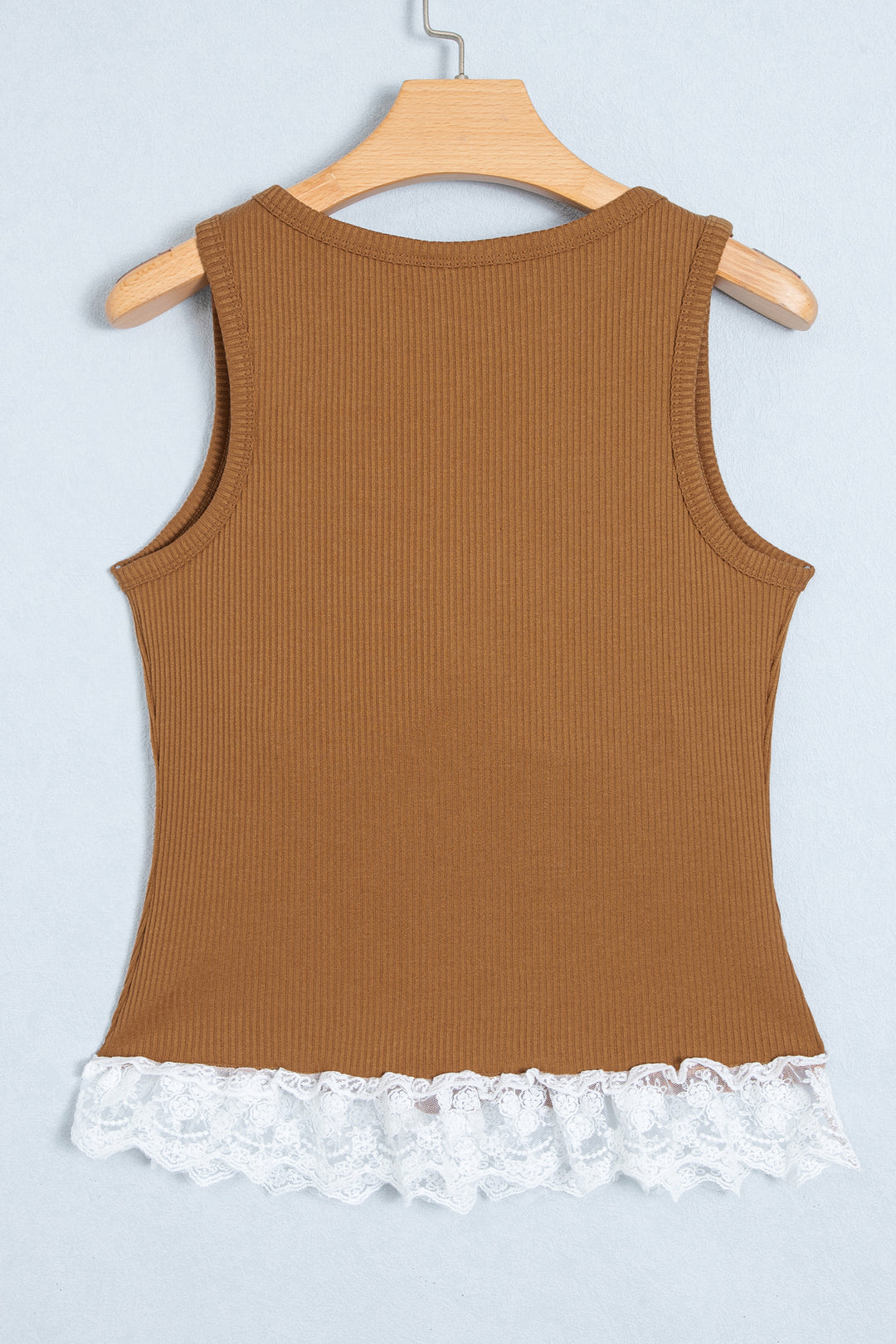 Coffee Ribbed Knit Sweet Lace Hem Vest