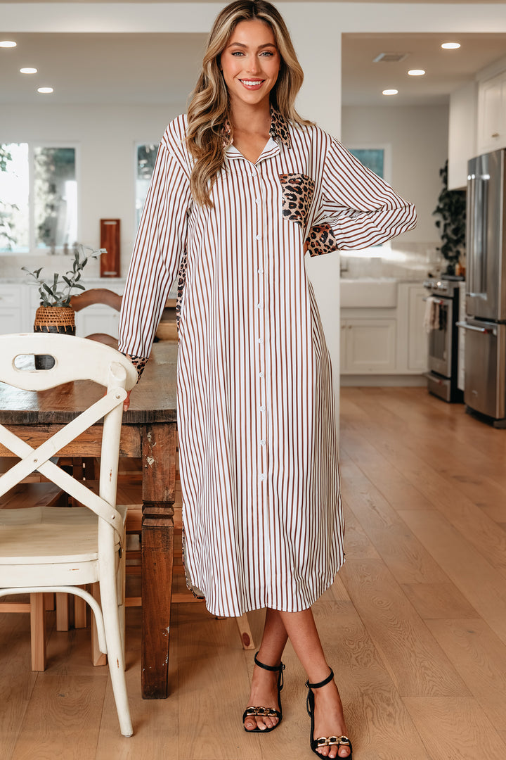 Contrast Leopard Patchwork Long Shirt Dress with Slits