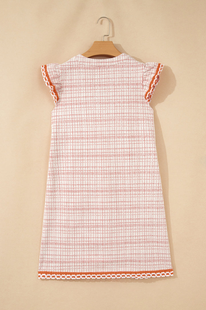 White Jacquard Textured Contrast Trim Short Sleeve Tassel Tie Shift Dress