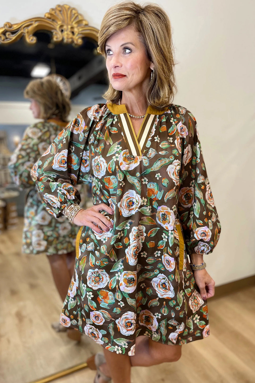 Brown Floral Print Contrast Trim V Neck Pocketed Long Sleeve Mini Dress
