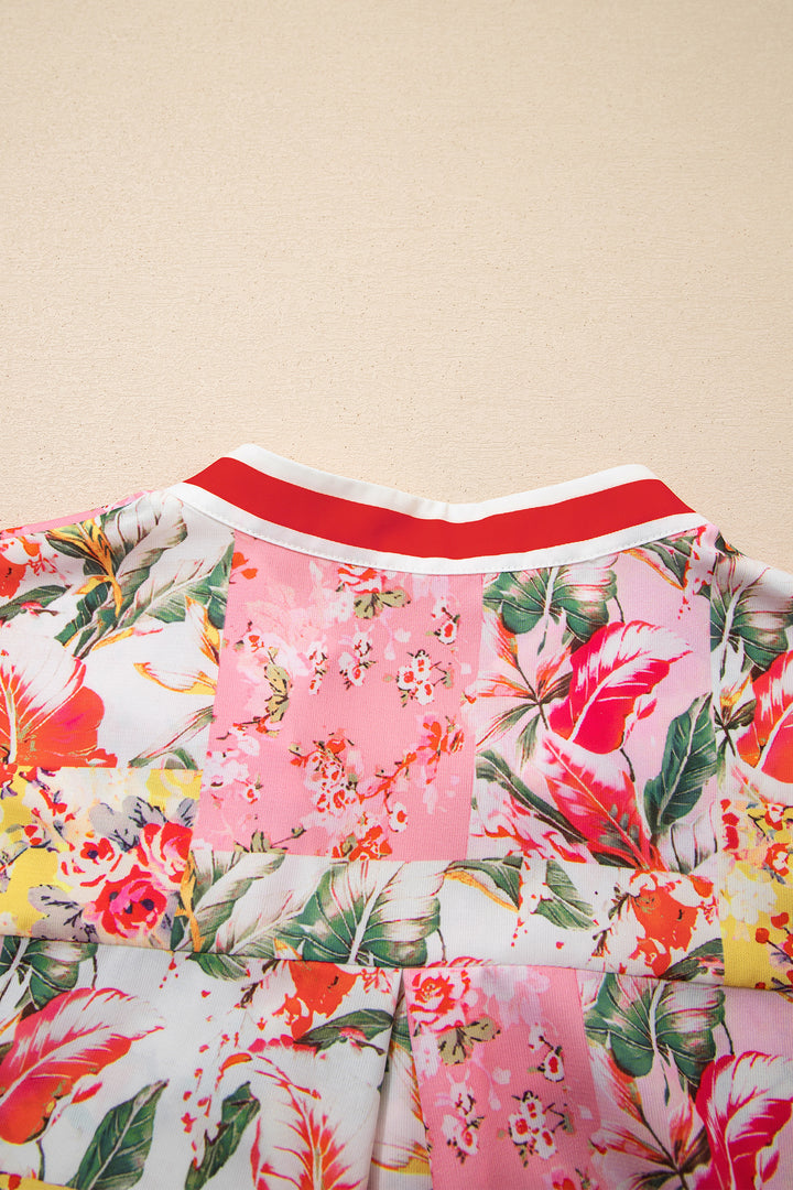 Pink Color Block Floral Print Contrast Trim V Neck Ruffle Hem Mini Dress