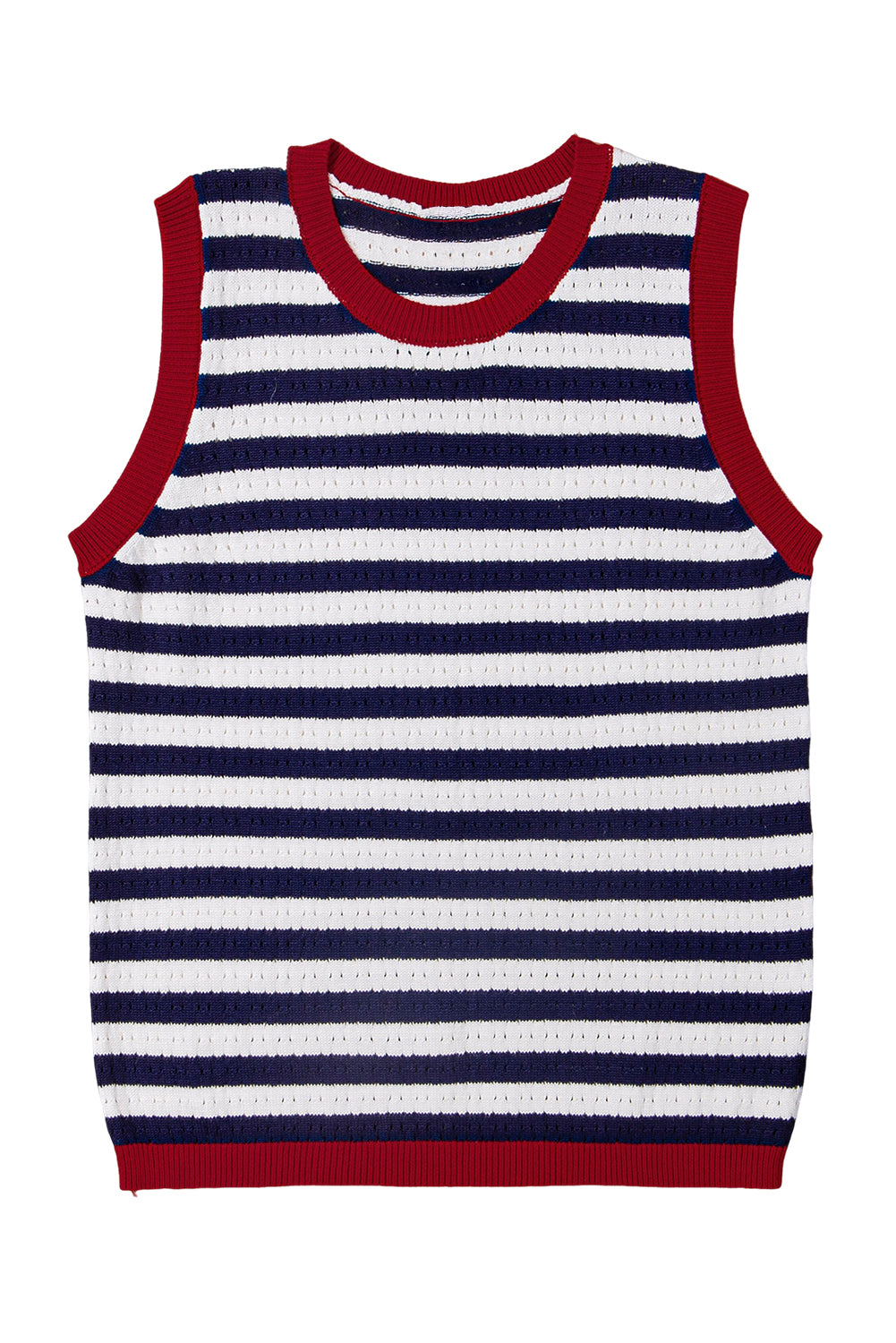 Navy Stripe Pointelle Knit Contrast Trim Sleeveless Sweater Top