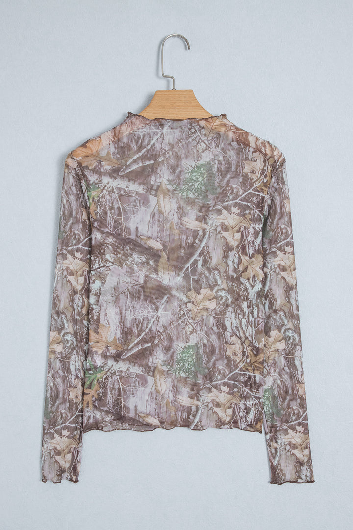 Smoke Gray Floral Print Slim Fit Mesh Long Sleeve Mock Neck Top