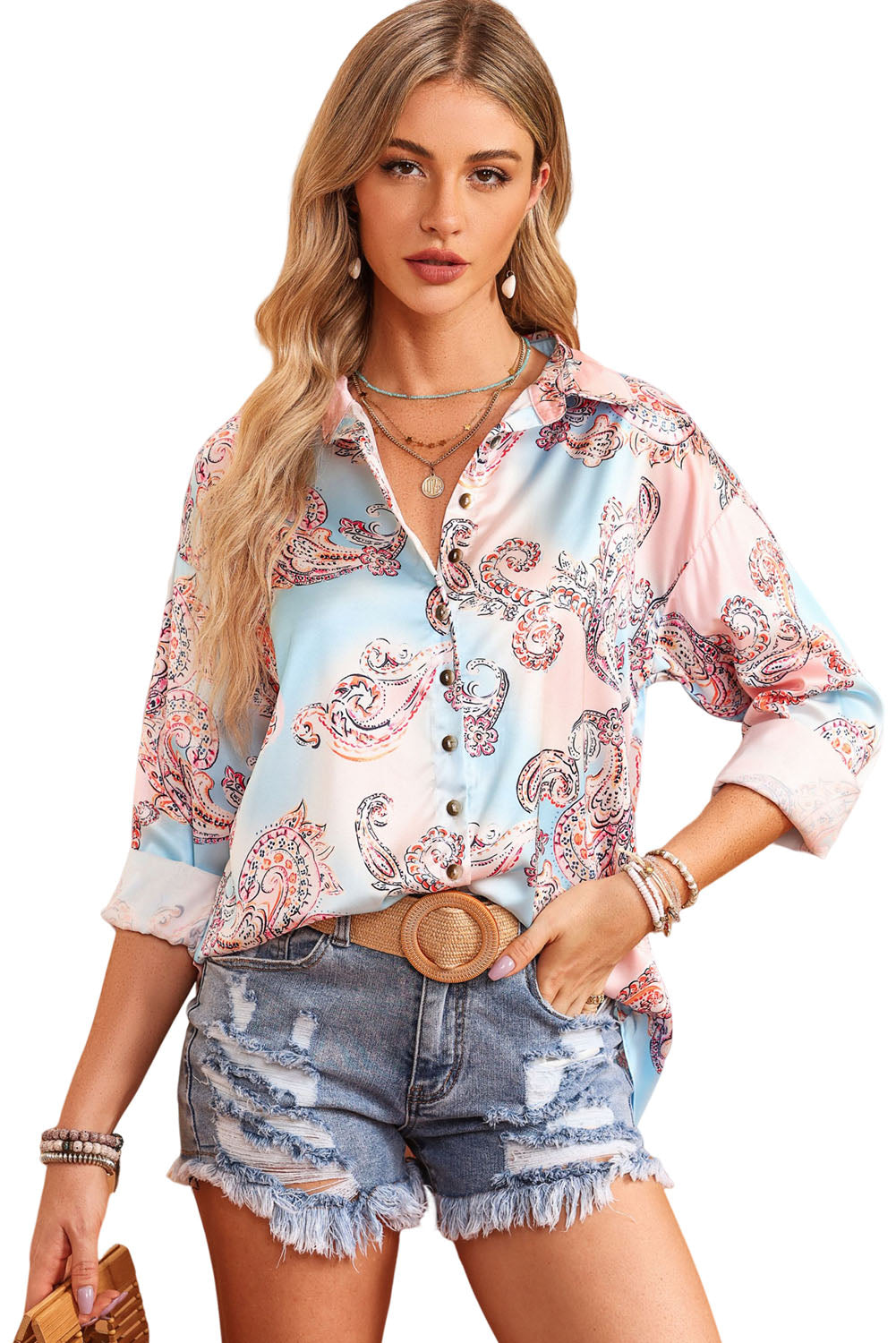 Sky Blue Boho Paisley Print Lantern Sleeve Button-Down Shirt