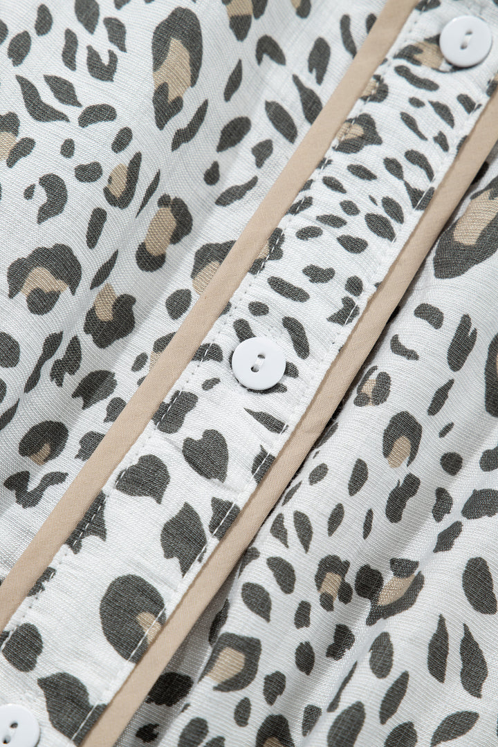 White Leopard Contrast Trim Button Front Short Puff Sleeve Long Dress