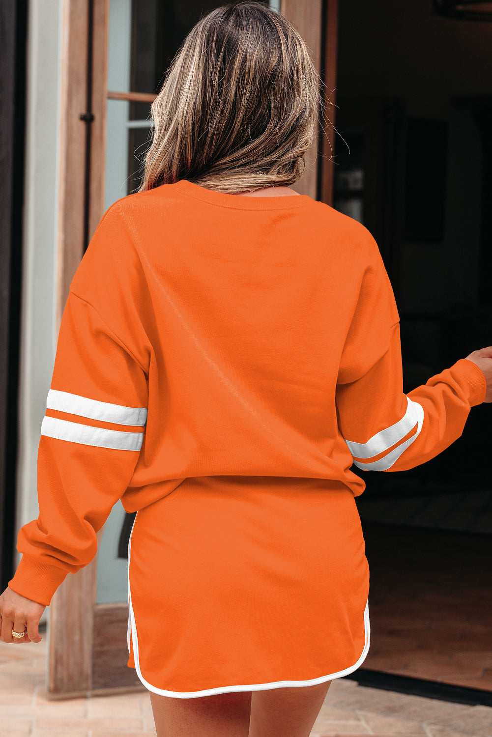 Orange Varsity Stripe Detail Pullover Mini Skort Set