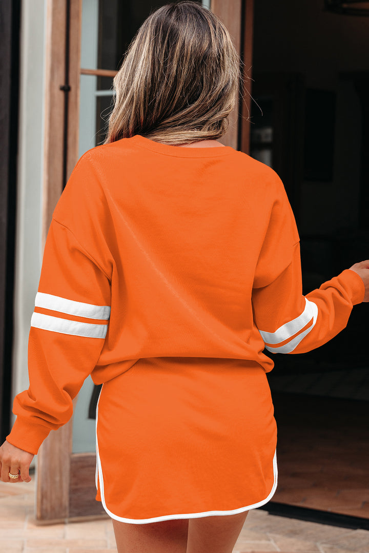 Orange Varsity Stripe Detail Pullover Mini Skort Set