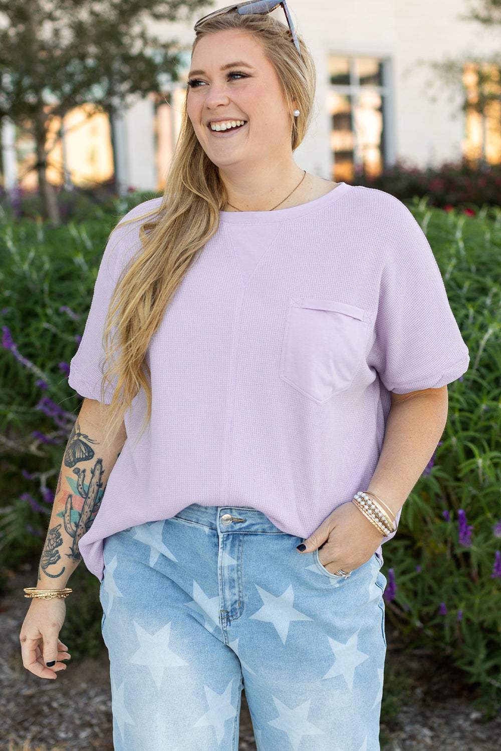 Waffle Knit Short Sleeve Patched Pocket Plus Size Top