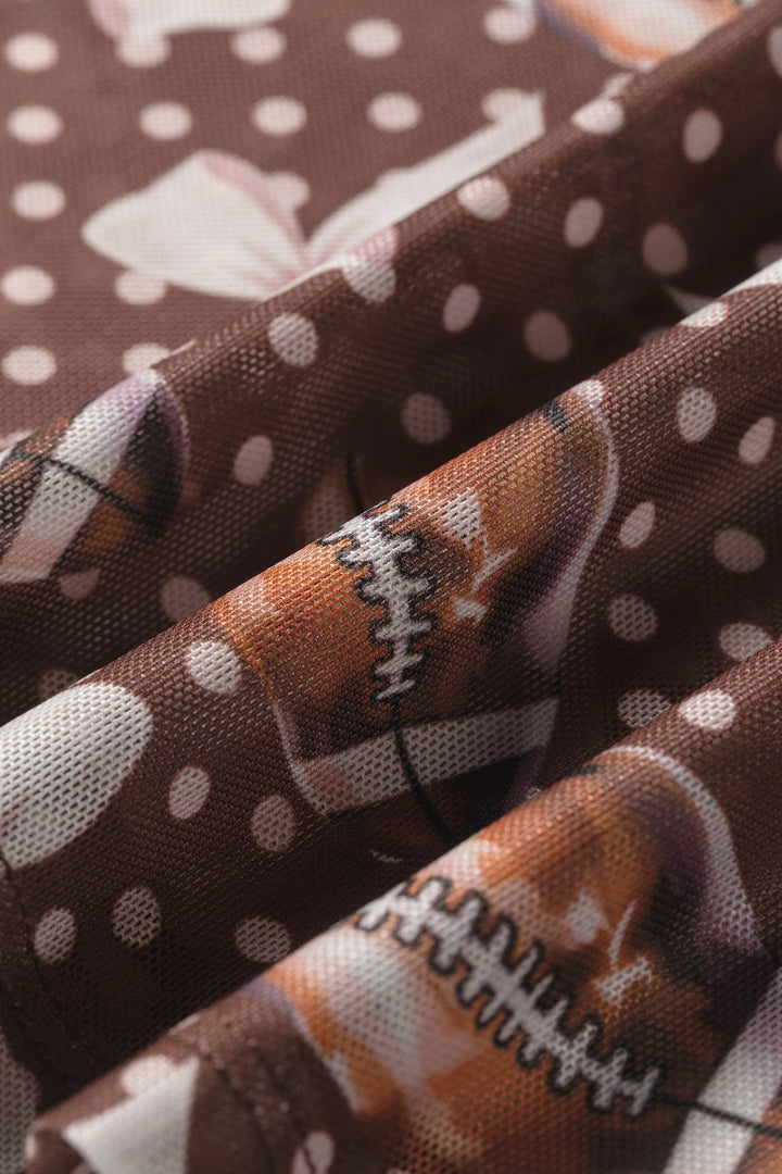 Brown Polka Dot Bow Football Print Long Sleeve Mesh Top