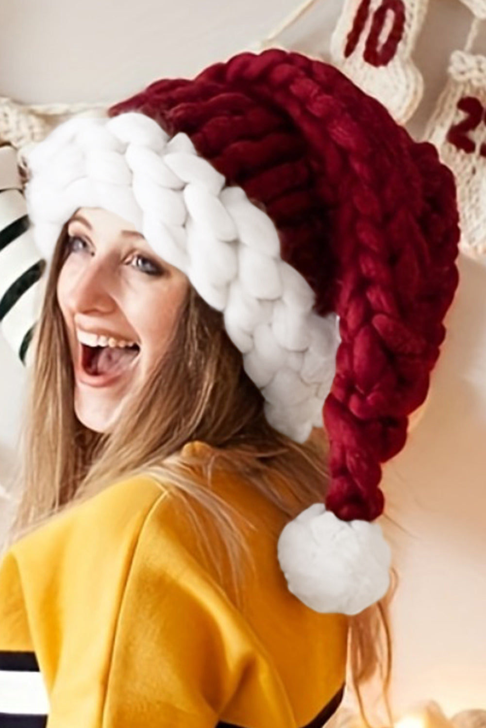 Color Block Pom Pom Decor Chunky Knitted Christmas Hat