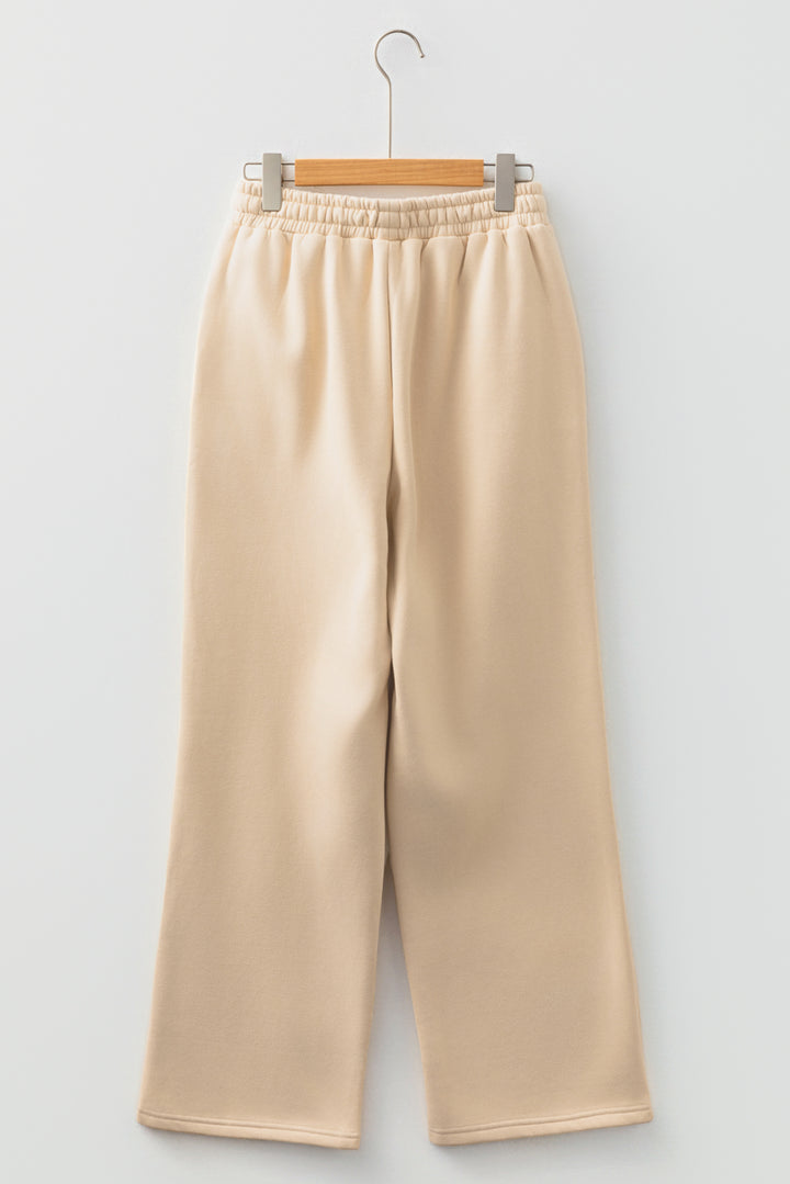 Oatmeal Fleece Lined Leopard Drawstring Elastic Waist Solid Pants