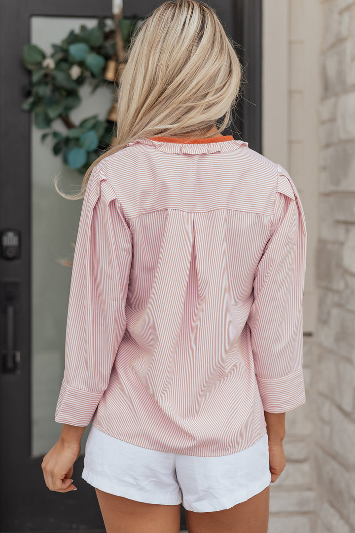 Color Block Patchwork Detail Frilled Collar Button Down Shirt