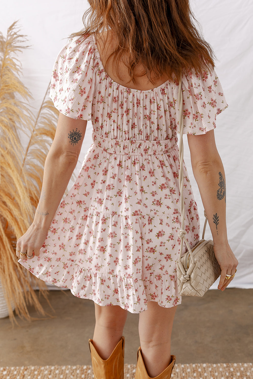 Front Tie Shirred Waist Short Sleeve Ruffled Floral Mini Dress