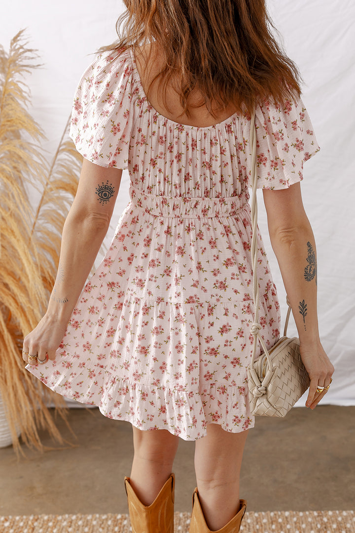 Front Tie Shirred Waist Short Sleeve Ruffled Floral Mini Dress