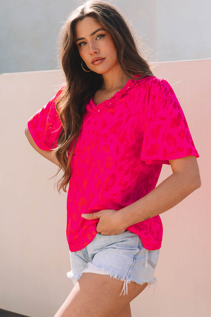 Leopard Frilly V Neck Short Sleeve Blouse