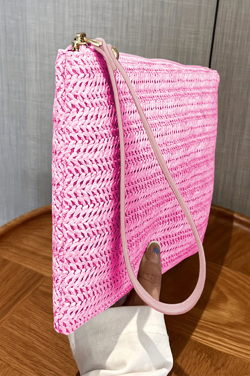 Straw Woven Wrist Strap Zipper Large Wallet