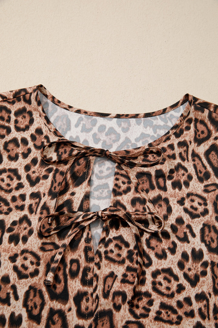 Leopard Bow Tie Puff Sleeve Blouse