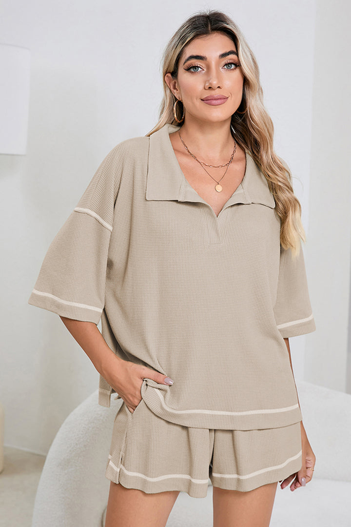 Light Beige-10 Breathable Waffle Color Block Trim 2pcs Casual Short Set