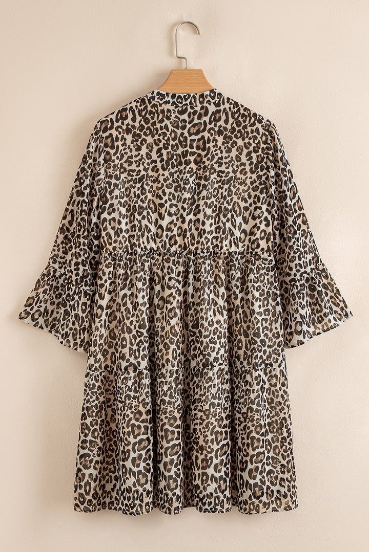 Leopard 3/4 Sleeve V Neck Swing Dress