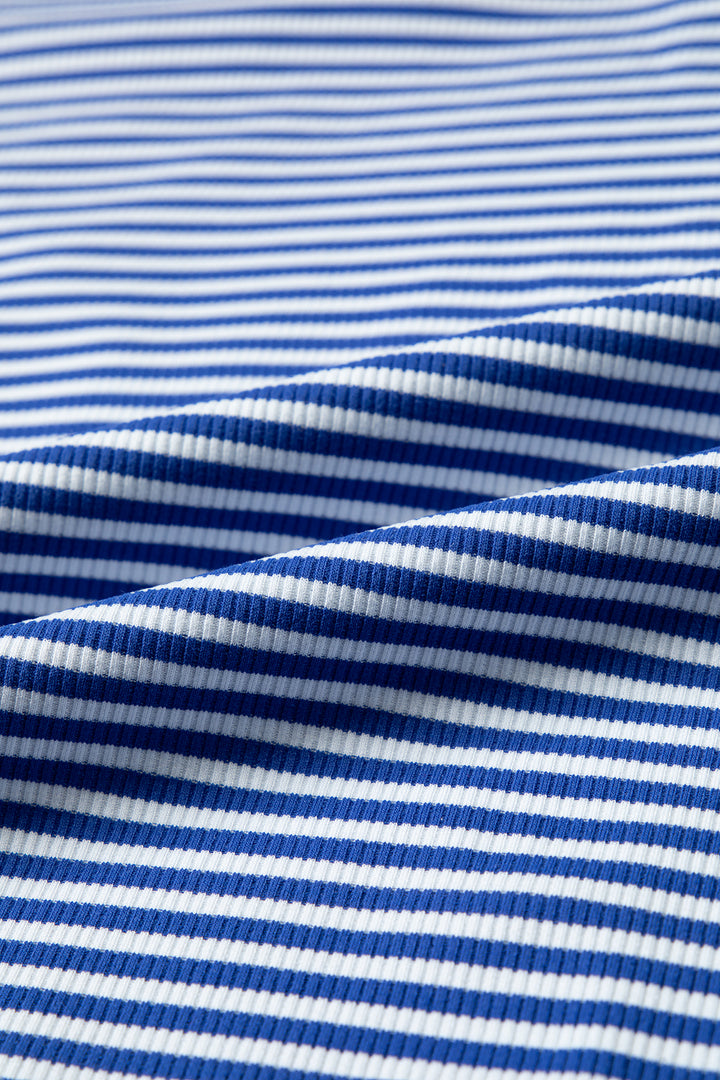Blue Stripe Oversized Long Sleeve Top Drawstring Loose Shorts 2pcs Set