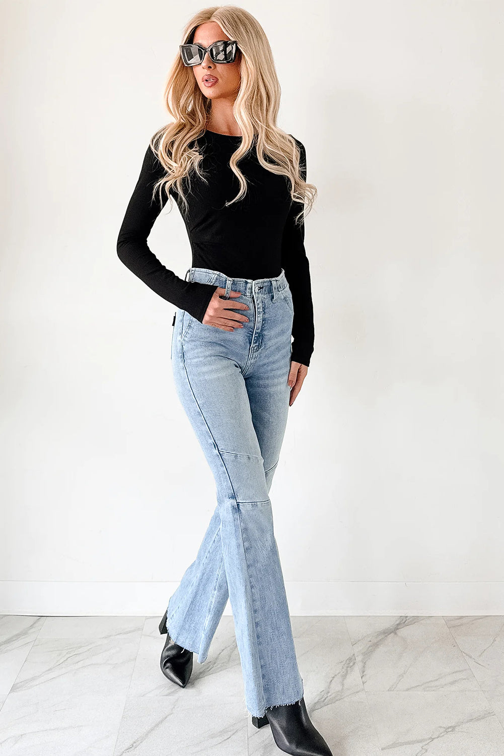 Dearlovers Black Ribbed Long Sleeve Crew Neck Solid Color Bodysuit